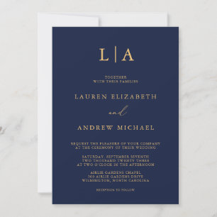 Navy Blue Sunflower Monogram Minimalist Wedding Invitation