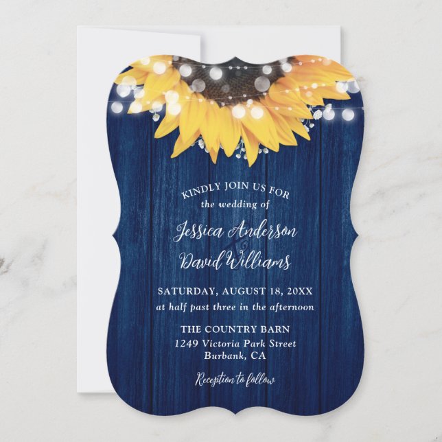 Navy Blue Sunflower Rustic Barn Wood Wedding Invitation (Front)