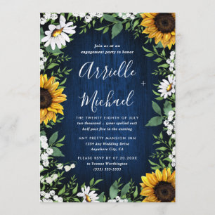 Navy Blue Sunflower Rustic Boho Engagement Party Invitation