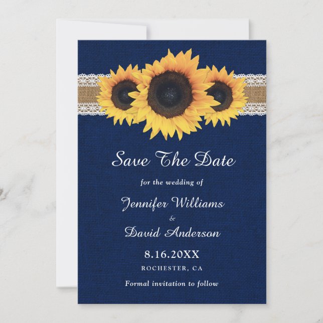 Navy Blue Sunflower Rustic Burlap Lace Wedding Save The Date (Front)