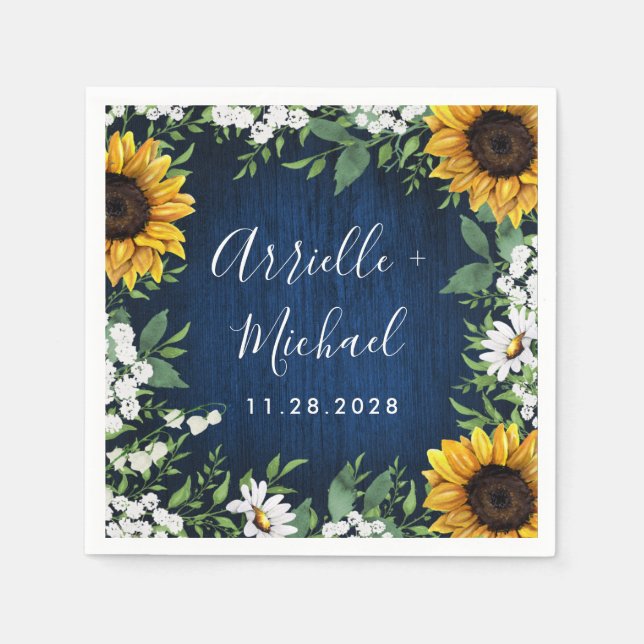 Navy Blue Sunflower Rustic Country Wedding Napkins (Front)