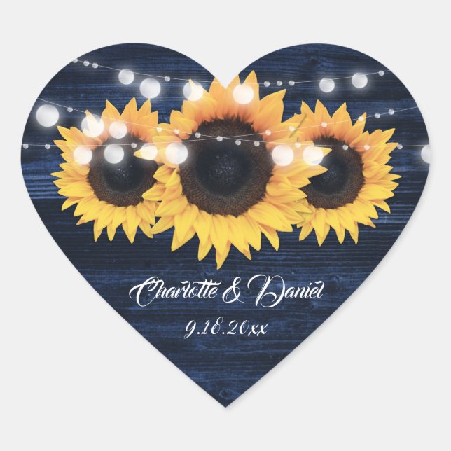 Navy Blue Sunflower Rustic Floral Wedding Heart Sticker (Front)