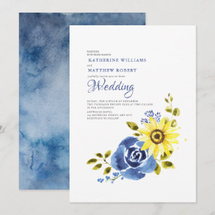 Navy Blue Sunflower Rustic Floral Wedding Invitation