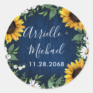 Navy Blue Sunflower Rustic Wedding Favor Classic Round Sticker