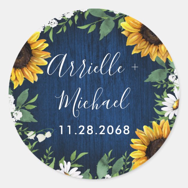 Navy Blue Sunflower Rustic Wedding Favour Classic Round Sticker (Front)