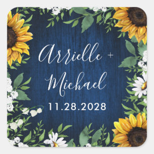 Navy Blue Sunflower Rustic Wedding Favours Sticker