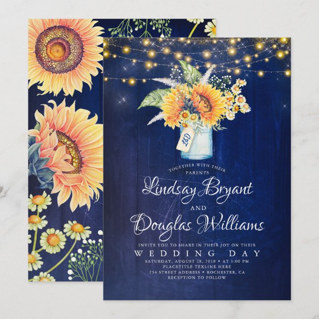 Navy Blue Sunflower Rustic Wedding Invitations (Front/Back)