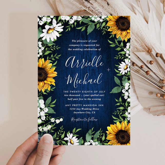Navy Blue Sunflower Rustic Wedding Invitations (Creator Uploaded)