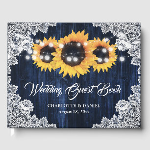 Navy Blue Sunflower Rustic Wood Lace Wedding Guest Book