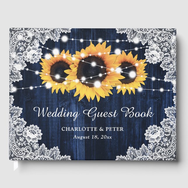 Navy Blue Sunflower Rustic Wood Lace Wedding Guest Book (Front)