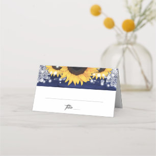 Navy Blue Sunflower Rustic Wood Lace Wedding Place Card