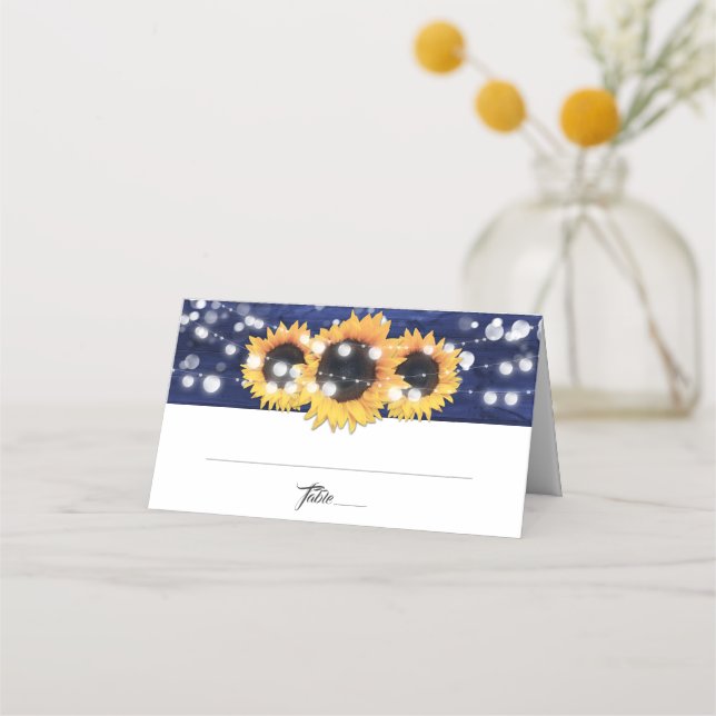 Navy Blue Sunflower Rustic Wood Lights Wedding Place Card (Front)