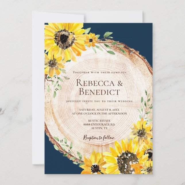 Navy Blue Sunflower Rustic Wood Wedding Invitation (Front)