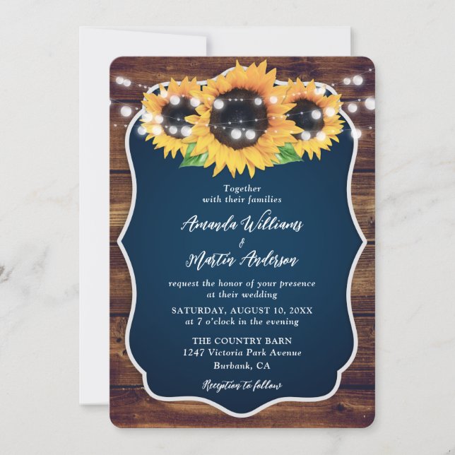 Navy Blue Sunflower Rustic Wood Wedding Invitation (Front)