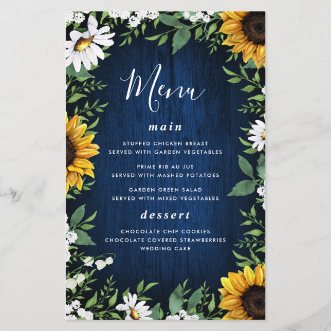 Navy Blue Sunflower Rustic Wood Wedding Menu Cards (Front)