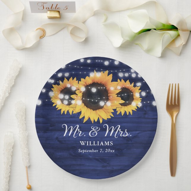 Navy Blue Sunflower Rustic Wood Wedding Paper Plate (Wedding)