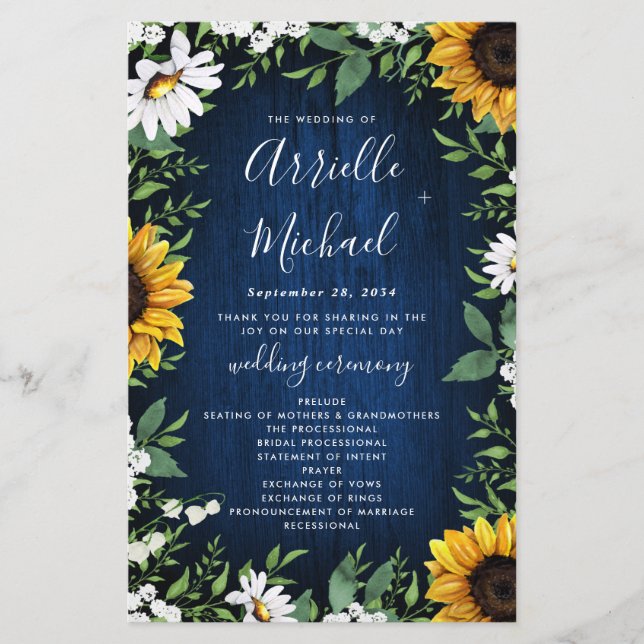 Navy Blue Sunflower Rustic Wood Wedding Programs (Front)