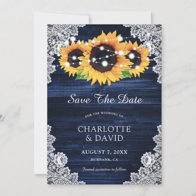 Navy Blue Sunflower Save The Date Cards (Front)