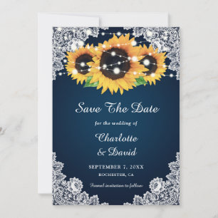 Navy Blue Sunflower Save The Date Cards