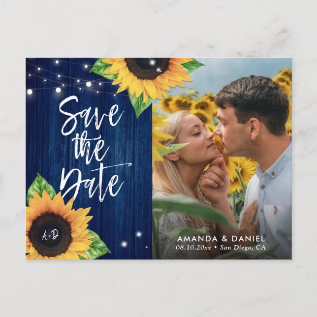 Navy Blue Sunflower Save The Date Photo Postcard (Front)
