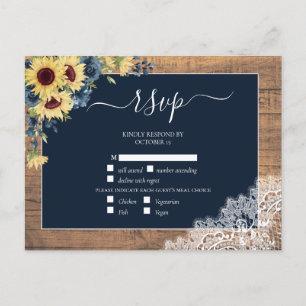 Navy Blue Sunflower Script Lace Wood Wedding RSVP Invitation Postcard