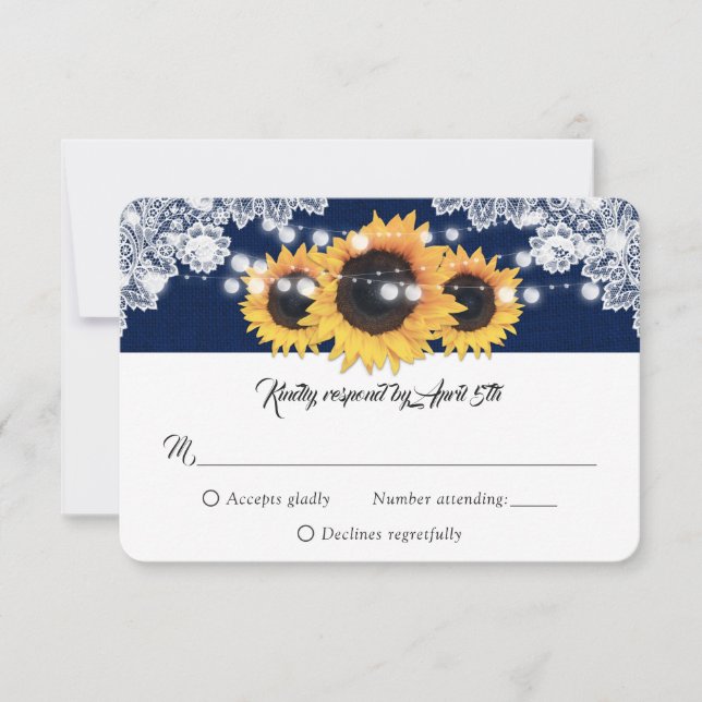 Navy Blue Sunflower String Lights Burlap Wedding RSVP Card (Front)