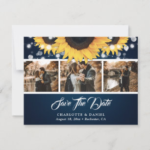 Navy Blue Sunflower String Lights Photo Wedding Save The Date