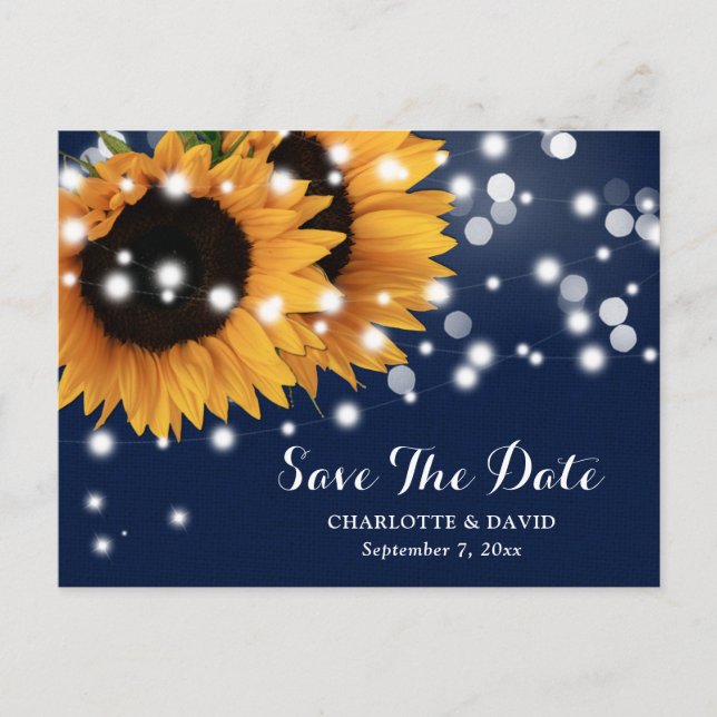 Navy Blue Sunflower String Lights Wedding Announcement Postcard (Front)