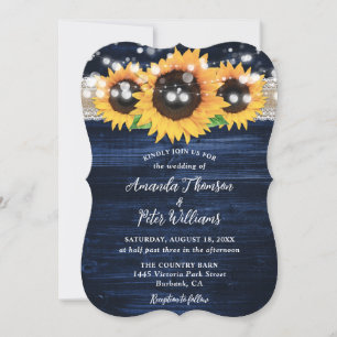 Navy Blue Sunflower String Lights Wood Wedding Invitation