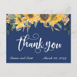 Navy Blue Sunflower Thank you Wedding Script Postcard