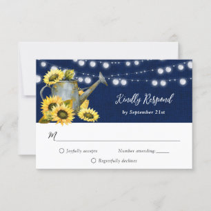 Navy Blue Sunflower Watering Can Burlap Wedding RSVP Card