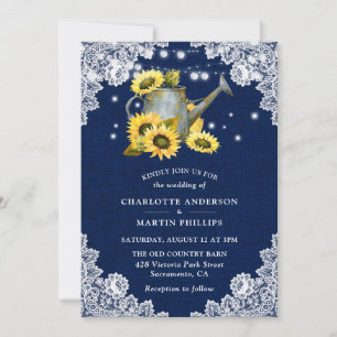 Navy Blue Sunflower Watering Can Lace Wedding Invitation
