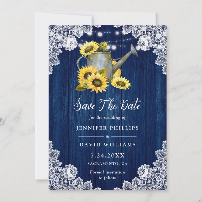 Navy Blue Sunflower Watering Can Wood Floral Lace Save The Date (Front)