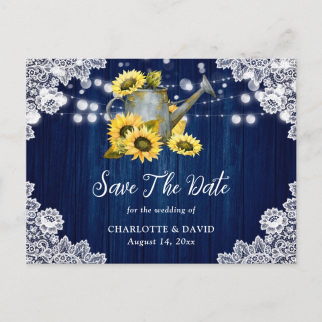 Navy Blue Sunflower Watering Can Wood Wedding Announcement Postcard (Front)