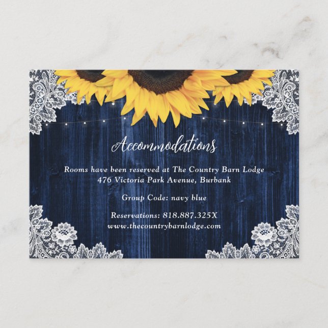 Navy Blue Sunflower Wedding Hotel Accommodation Enclosure Card (Front)