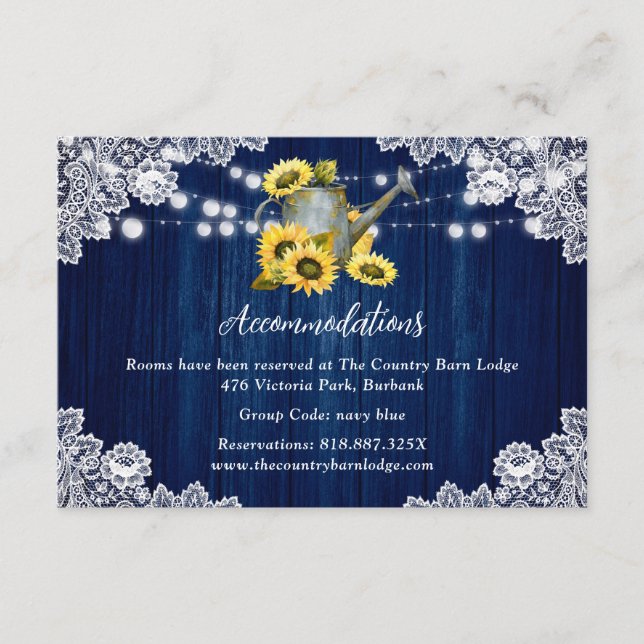 Navy Blue Sunflower Wedding Hotel Accommodation Enclosure Card (Front)