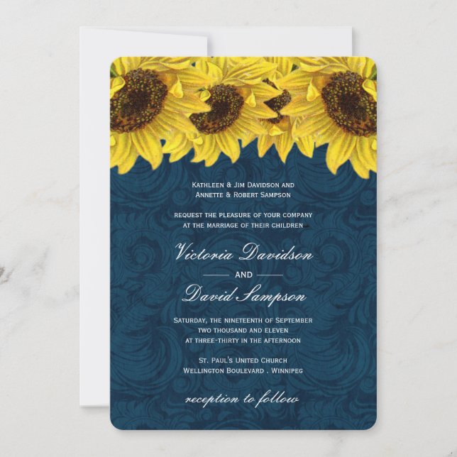 Navy Blue Sunflower Wedding Invitation (Front)