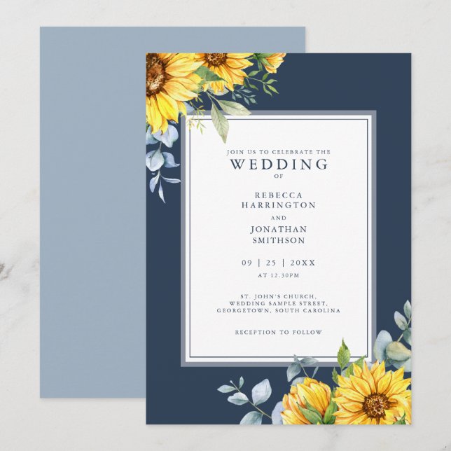 Navy Blue Sunflower Wedding Invitation (Front/Back)