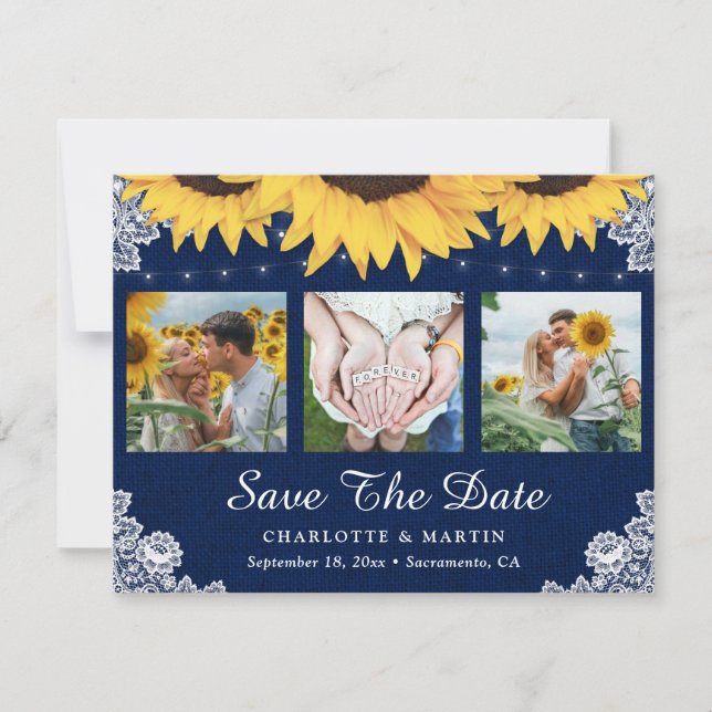 Navy Blue Sunflower Wedding Photo Save The Date (Front)
