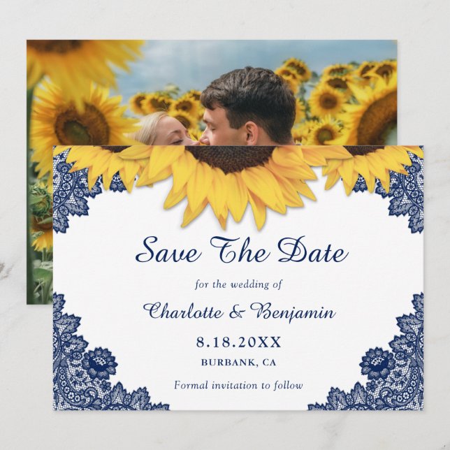 Navy Blue Sunflower Wedding Photo Save The Date (Front/Back)