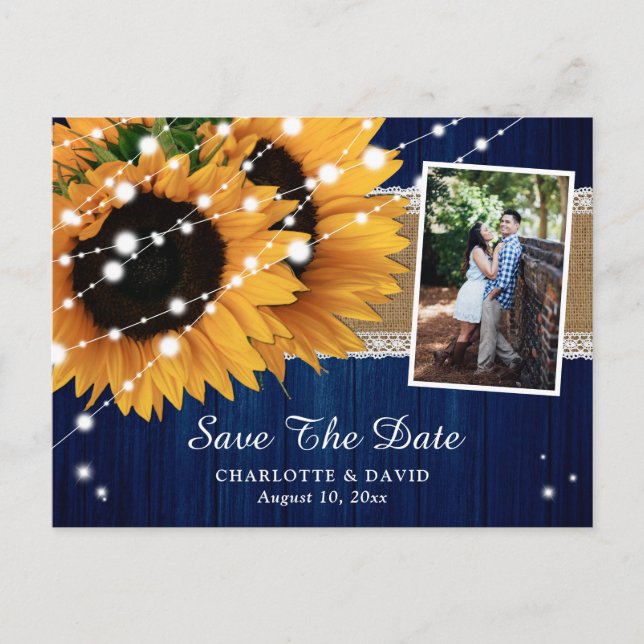 Navy Blue Sunflower Wedding Photo Save The Date Announcement Postcard (Front)