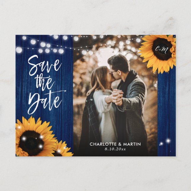 Navy Blue Sunflower Wedding Photo Save The Date Announcement Postcard (Front)