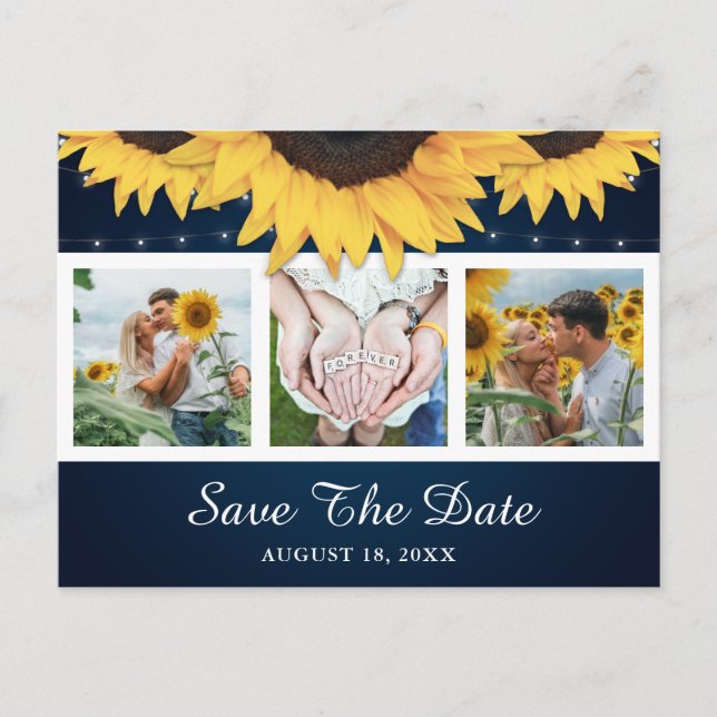 Navy Blue Sunflower Wedding Photo Save The Date Announcement Postcard (Front)