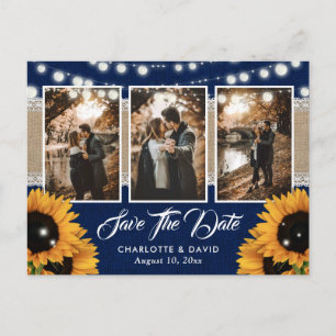 Navy Blue Sunflower Wedding Photo Save The Date Announcement Postcard
