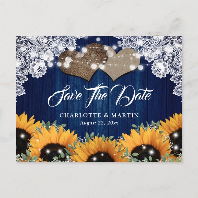 Navy Blue Sunflower Wedding Save The Date Announcement Postcard (Front)