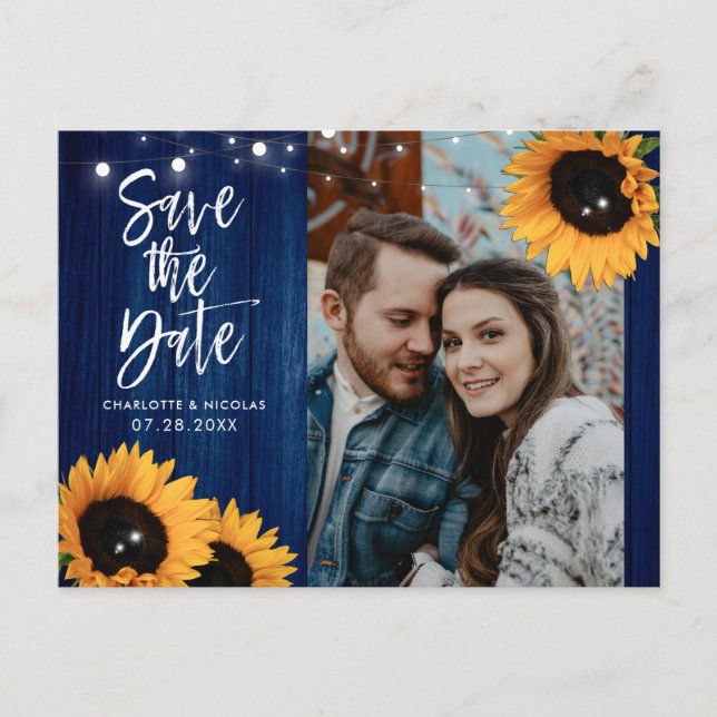 Navy Blue Sunflower Wedding Save The Date Photo Postcard (Front)