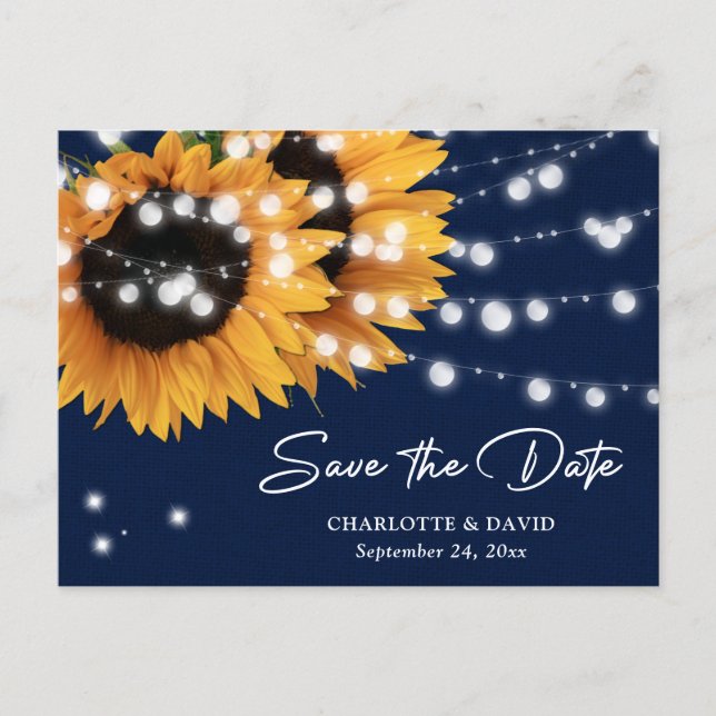 Navy Blue Sunflower Wedding Save The Date Postcard (Front)