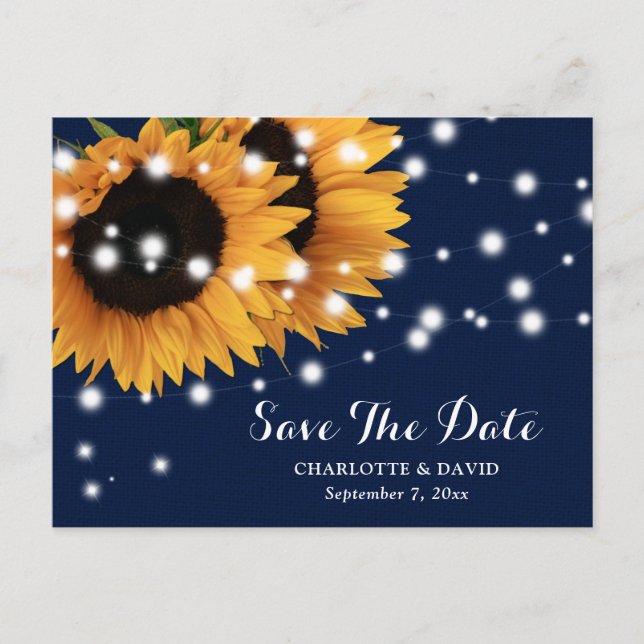 Navy Blue Sunflower Wedding Save The Date Postcard (Front)
