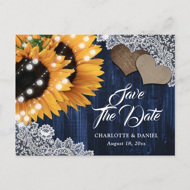 Navy Blue Sunflower Wedding Save The Date Postcard (Front)