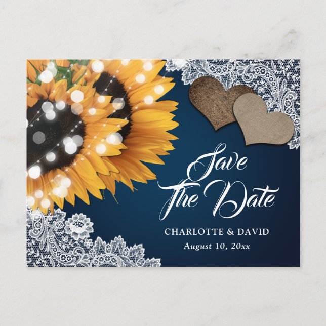 Navy Blue Sunflower Wedding Save The Date Postcard (Front)